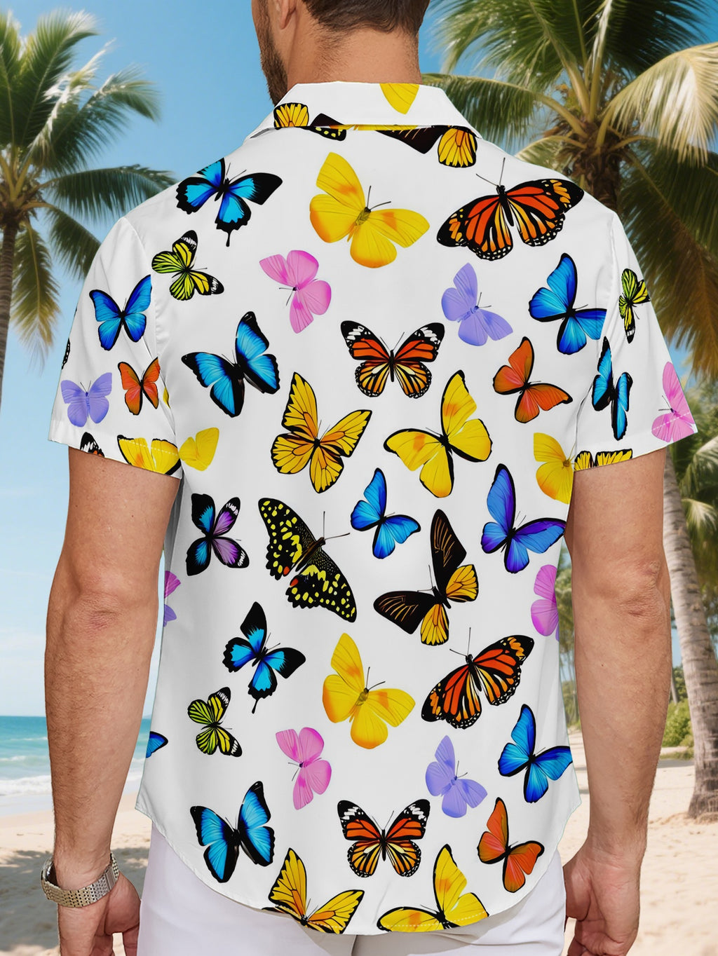 Men's Fashion Casual Short-Sleeve Shirt, New Summer Style with Colorful Butterfly Print, Trendy and Versatile for Daily Commuting