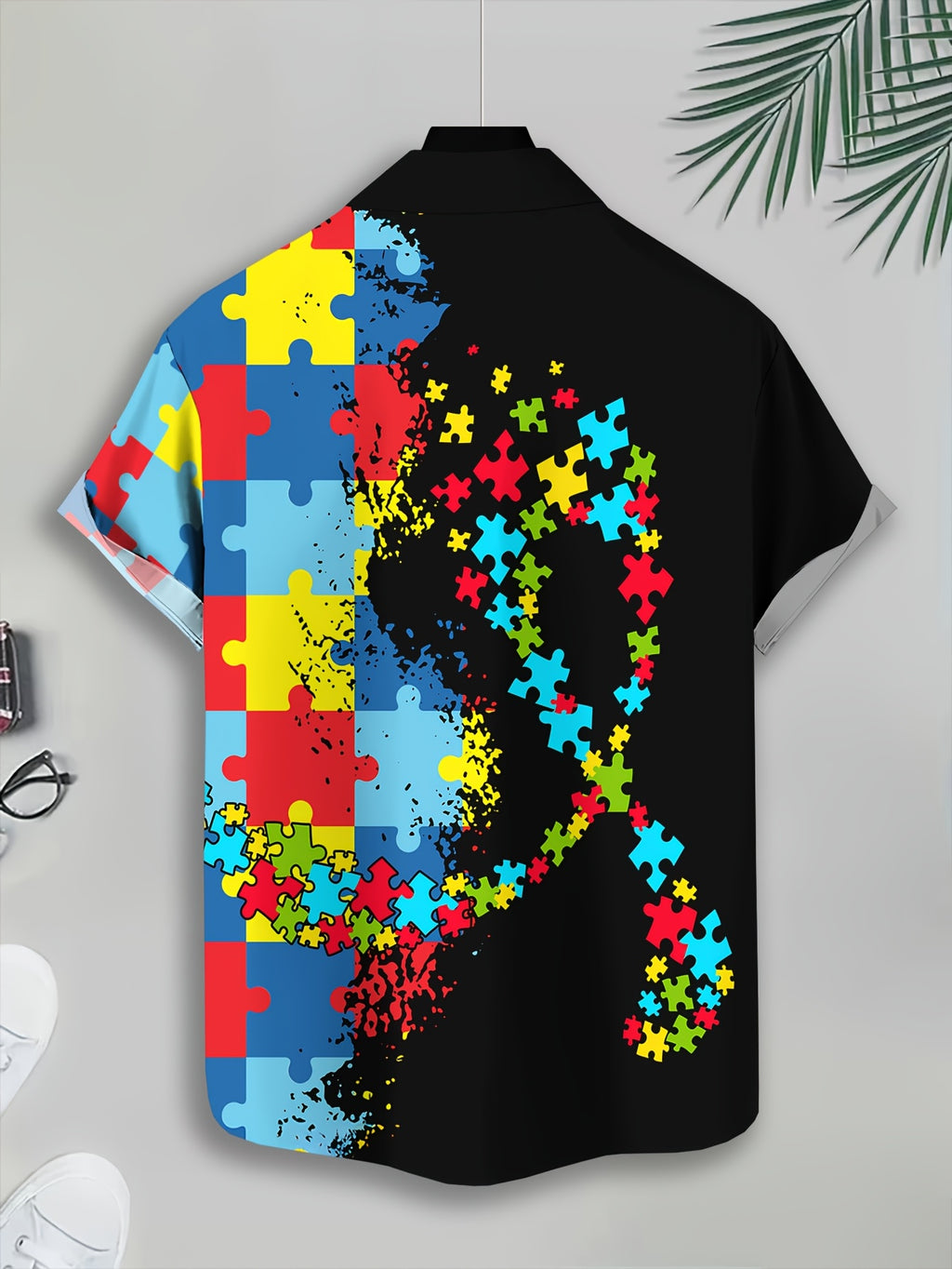 Casual Style Men'S Casual Shirt with Puzzle Print Black And Colorful Puzzle Pieces Summer Bright Puzzle Design