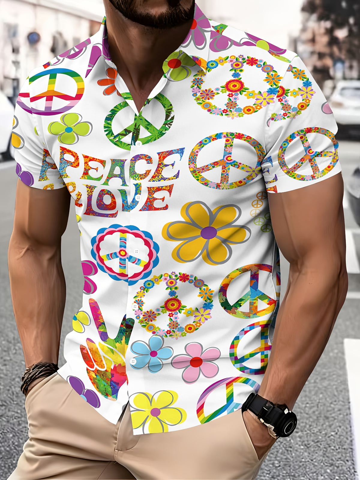 Hippie Style Men'S Casual Shirt, Print Peace And Love Floral Pattern, Summer Vibrant Colors And Retro Symbols