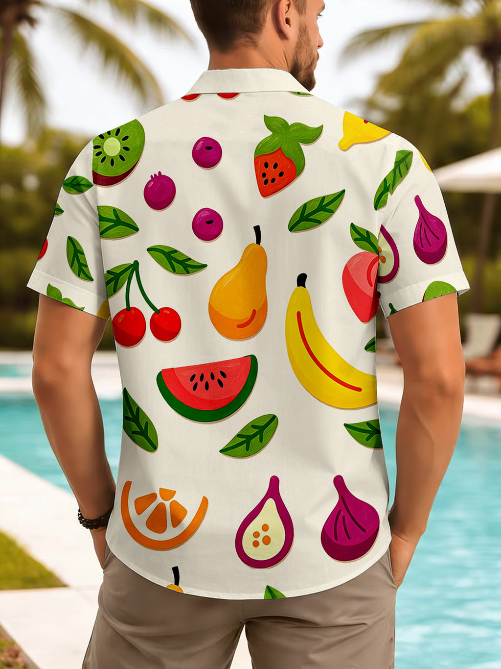 New Summer Men'S Casual Short Sleeve Shirt with Fruit Print, Fashionable Lapel Breathable Top for Daily Vacation And Beach Wear, All-Match Trendy Shirt, Loose Comfortable Beach Shirt, Hawaiian Shirt Fashion Button-Up