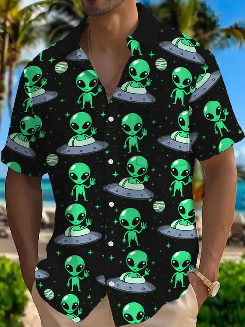 A Men's Novelty Alien Pattern Short Sleeve Shirt, Casual Style, Plus Size Men's Top Casual Short Sleeve, Comfortable Fabric