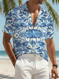 Hawaii Blue Leaves And Flower Print Men'S Casual Shirt - Short-Sleeved Button Design, Bright Colors, Summer Outdoor And Casual Wear, Machine Washable