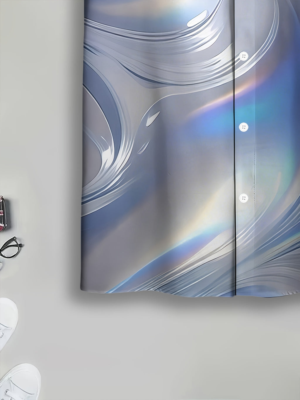 Abstract Wave Design Men'S Casual Shirt, Print Silver Blue Holographic Pattern Summer Shimmering Fluid Art