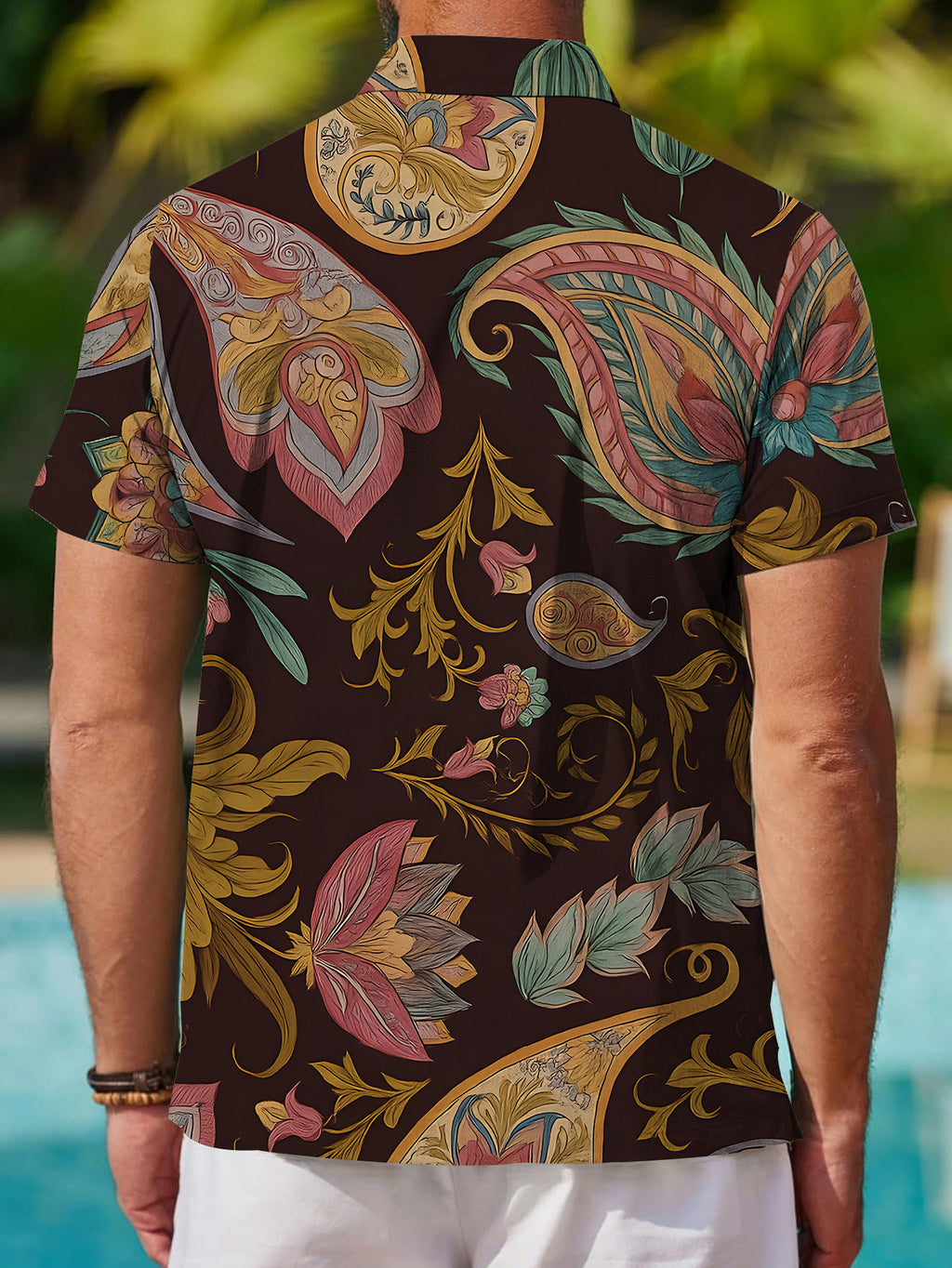 Men's Short-Sleeve Shirt, Vintage Style Print, Men's Printed Short-Sleeve Shirt with Paisley Elements, Cool Men's Shirt, Dark Base with Colorful Pattern, Men's Casual Short-Sleeve Shirt for Summer