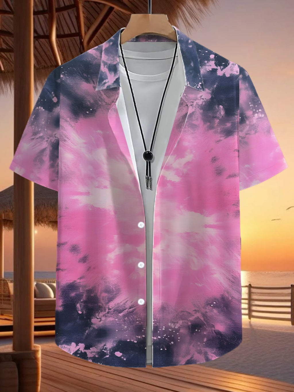 Fashion Tropical Style Ink Painting Element Men's Casual Shirt - Short Sleeve Button Design, Summer Outdoor and Casual Wear
