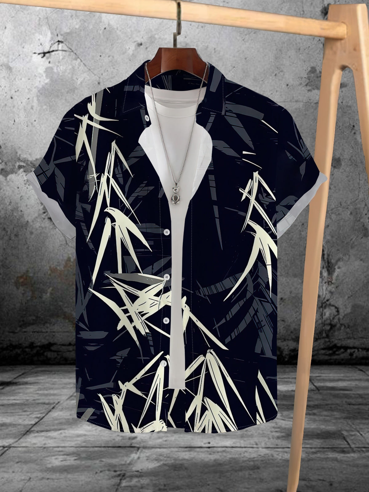 Men'S New Summer Digital Print Short Sleeve Shirt with Trendy Bamboo Rayon Leaf Pattern Casual Turn- Collar Shirt