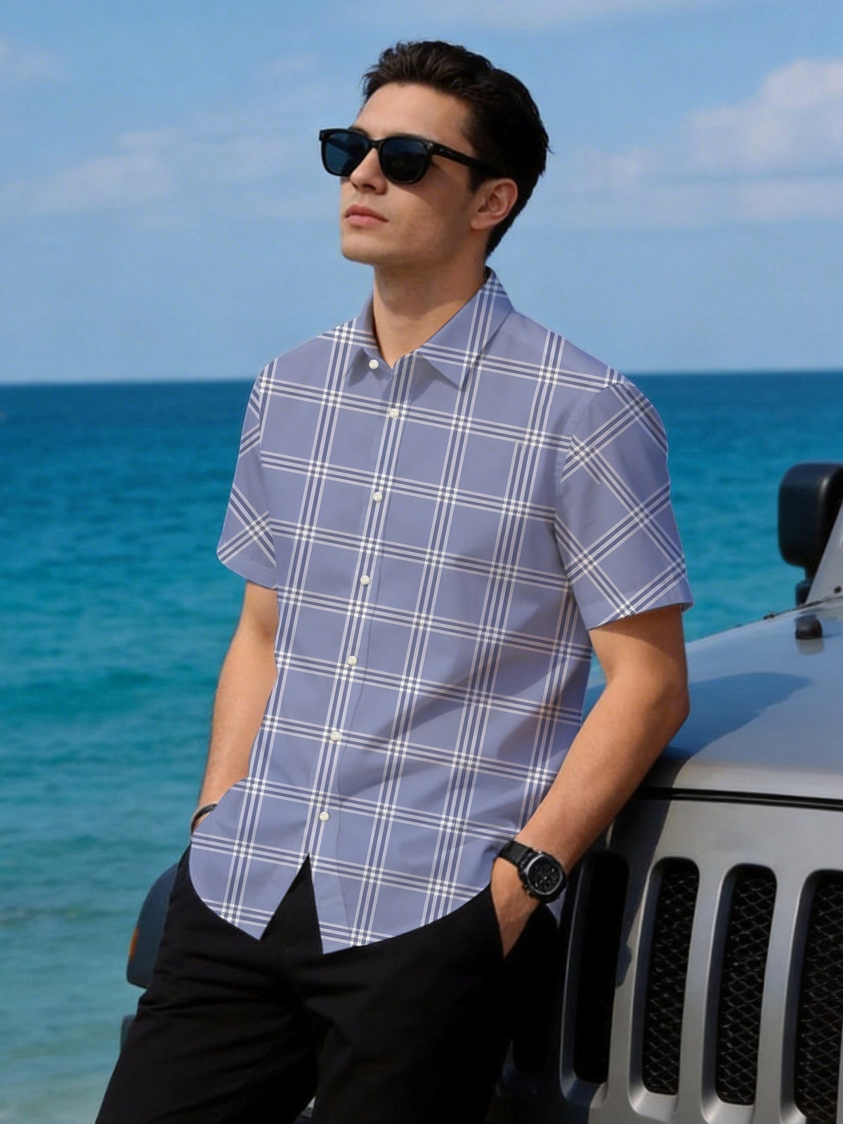 New Summer Men's Short-Sleeve Shirt, Hawaiian Style with Digital Print Plaid Design, Youthful Beach Casual Top, Loose Fit, Breathable, Comfortable, Versatile for Commuting, Vacation, and Daily Wear, Lightweight Open-Front Cardigan