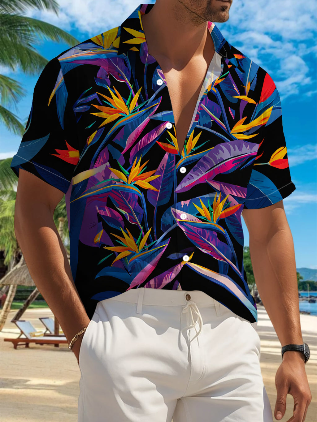 New Men'S Casual Short-Sleeve Shirt in Dark Night Jungle with Colorful Crane Patterns, Perfect for Holiday Gatherings And Commuting. Made from Machine-Washable Polyester Fabric, Featuring a Button-Up Design