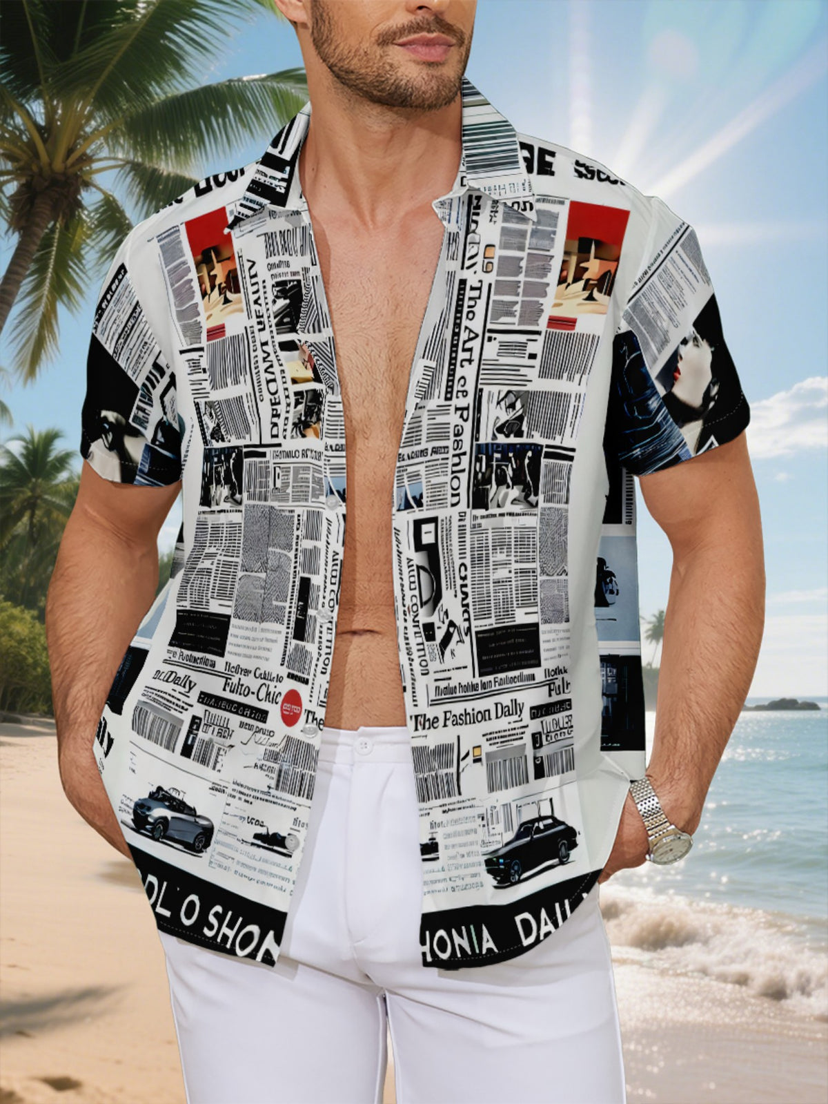 This New Men'S Casual Short-Sleeve Shirt Features a Stylish Black And White Newspaper Collage Design, Perfect for Holiday Gatherings And Commuting. Made from Machine-Washable Polyester Fabric, It Has a Button Print