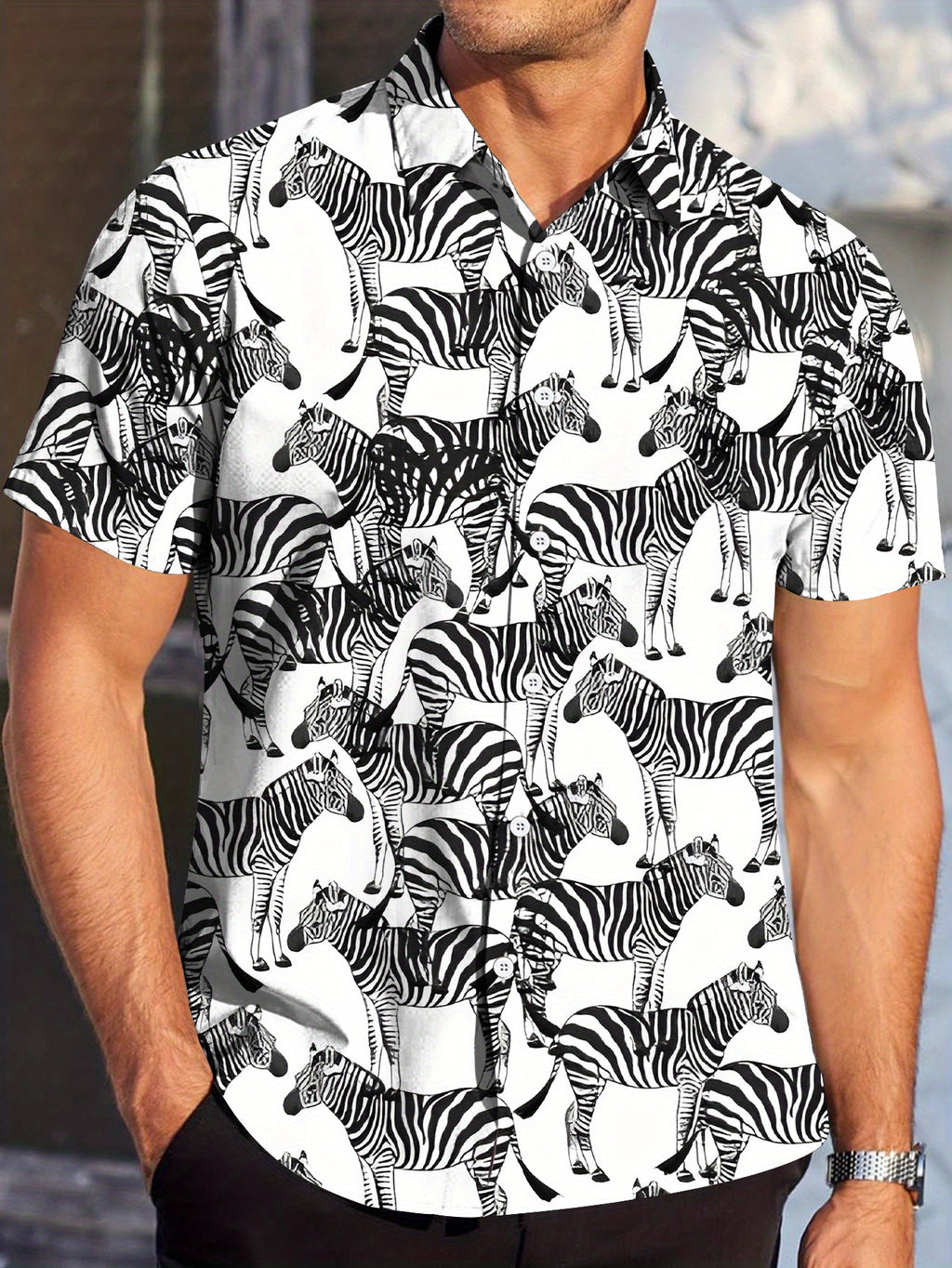 Men'S Zebra Print Short Sleeve Shirt - Bold Digital Animal Print, Summer Casual Semi-Formal Blouse, Suitable for Beach Outings And Office Wear
