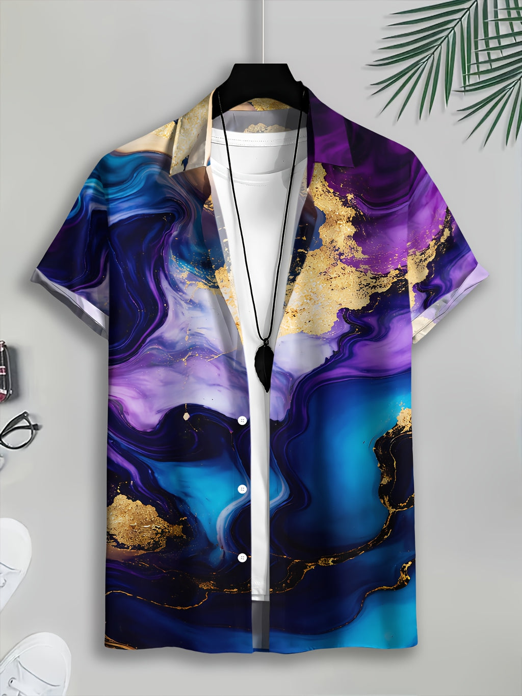 Men'S Casual Shirt, Abstract Art Design Print, Summer Golden And Purple Swirl Pattern
