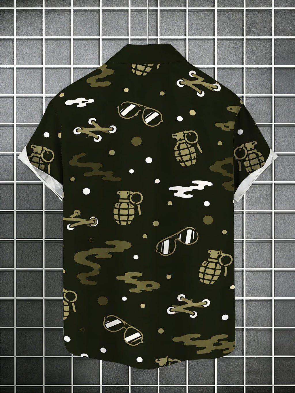 Men'S Short-Sleeve Shirt, Dark Green Street Style with Cartoon Hand Grenade Graffiti, Fashionable And Trendy Design