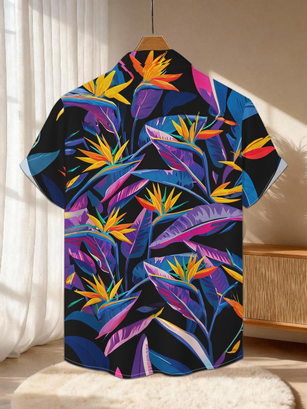 New Men'S Casual Short-Sleeve Shirt in Dark Night Jungle with Colorful Crane Patterns, Perfect for Holiday Gatherings And Commuting. Made from Machine-Washable Polyester Fabric, Featuring a Button-Up Design