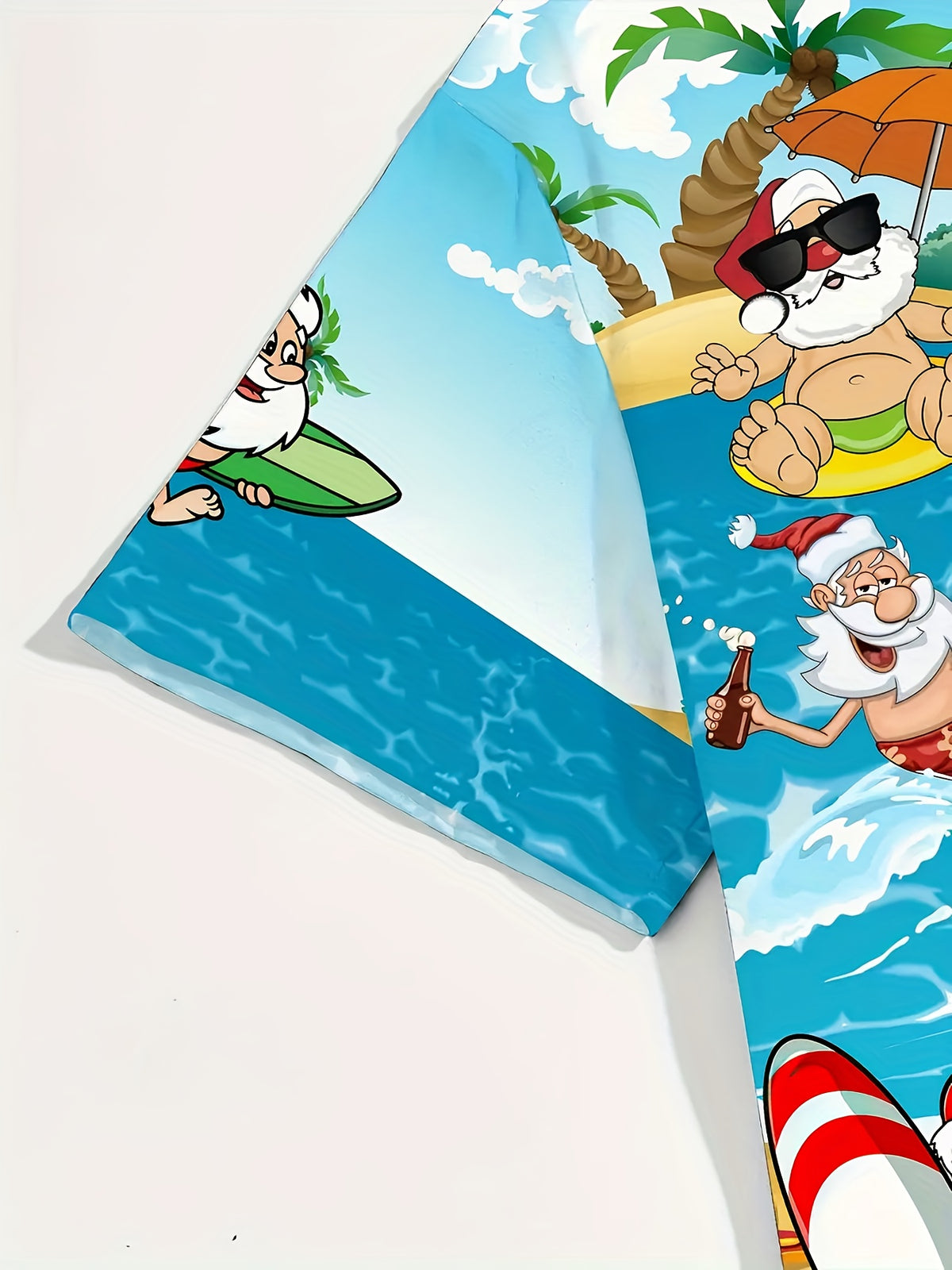 Men's Hawaiian Shirt - Tropical Santa Claus Surfing and Beach Scene Print, Short Sleeve Button-Up Top, Suitable for Casual Outings and Beach Vacations, Machine Washable Regular Fit, Holiday Party Outfit, Fun Vacation Style, Durable Construction