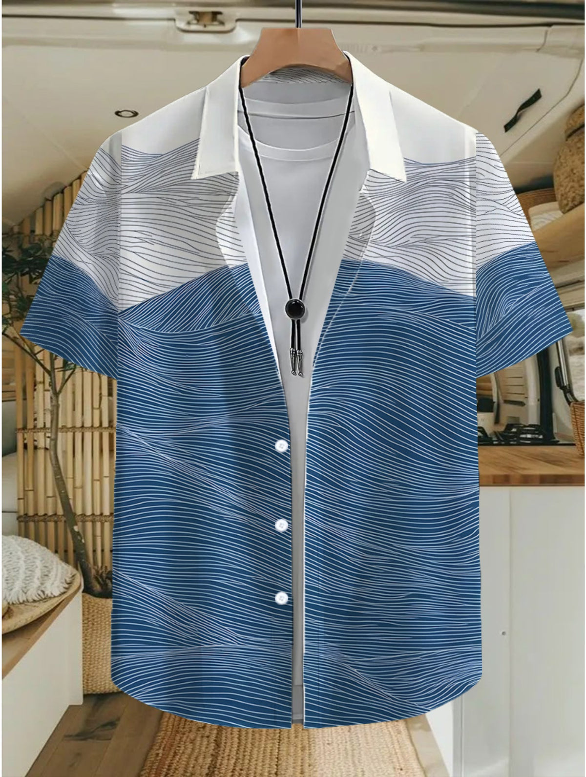 Men's Casual Shirt with Fun Hawaiian Tropical Blue and White Wave Pattern Patchwork Print - Short Sleeve Button-Up Design for Summer Outdoor and Casual Wear, Daily Outfits