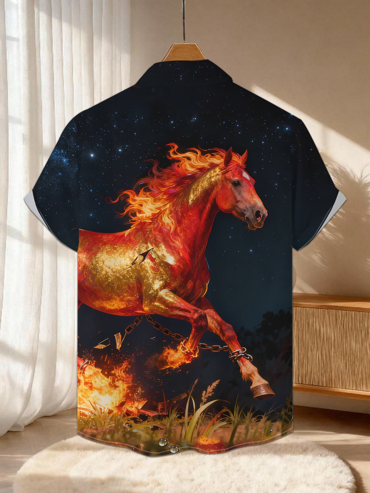 New Men'S Casual Short-Sleeved Shirt, Fiery Horses Under The Starry Night Break Free from Iron Chains And Gallop Through Fire, Versatile for Holiday Gatherings And Commuting, Polyester Fiber Fabric Is Machine Washable, Button- Print Shirt