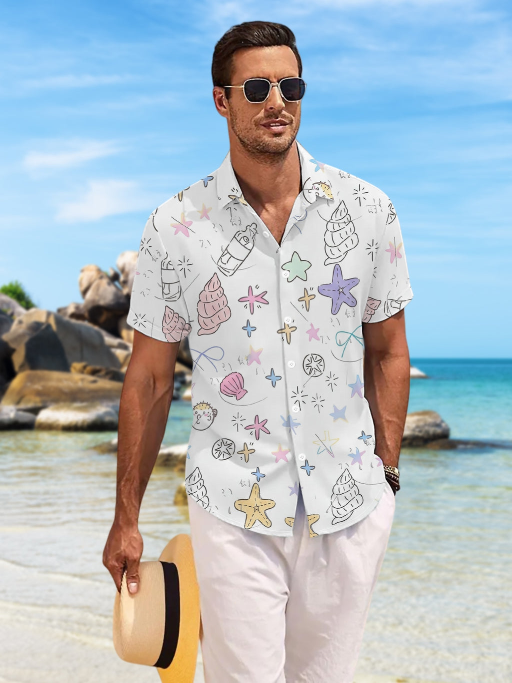 New Men'S Casual Short Sleeve Shirt, Lightly Colored Marine Micro-Element All-Over Print, Playful Fresh Style, Festive Gathering Commute Versatile, Polyester Fabric Machine Washable, Lightweight Summer Wear, Suitable for Casual Outfits
