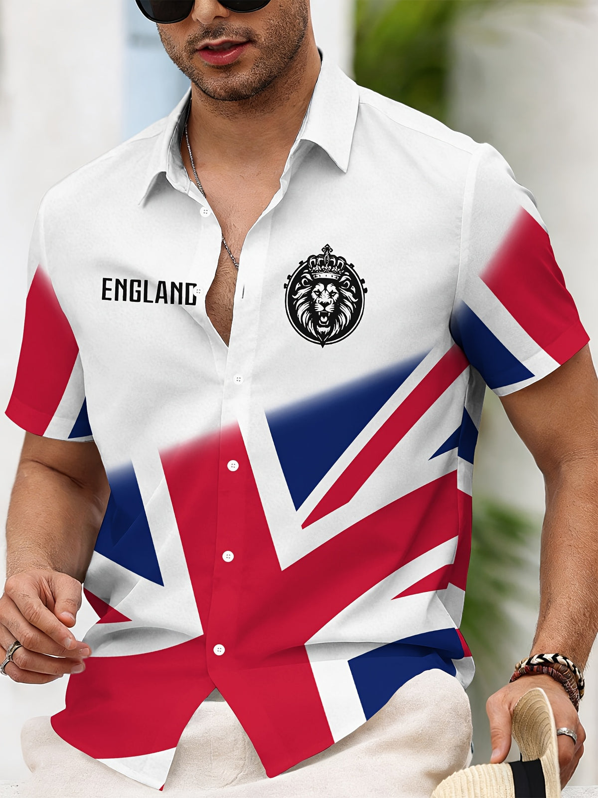 Casual Style Men's Casual Shirt Print White England Flag And Lion Emblem Summer Vibrant Union Jack Design