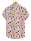 Men'S Cartoon Character Sun, Waves, And Ice Cream Print Hawaiian Shirt, Light Pink Sweet And Fun Summer Seaside Short-Sleeve Collared Shirt, Summer Vacation Couple'S Casual Aloha Shirt, Top Choice for Teenage Men'S Gifts