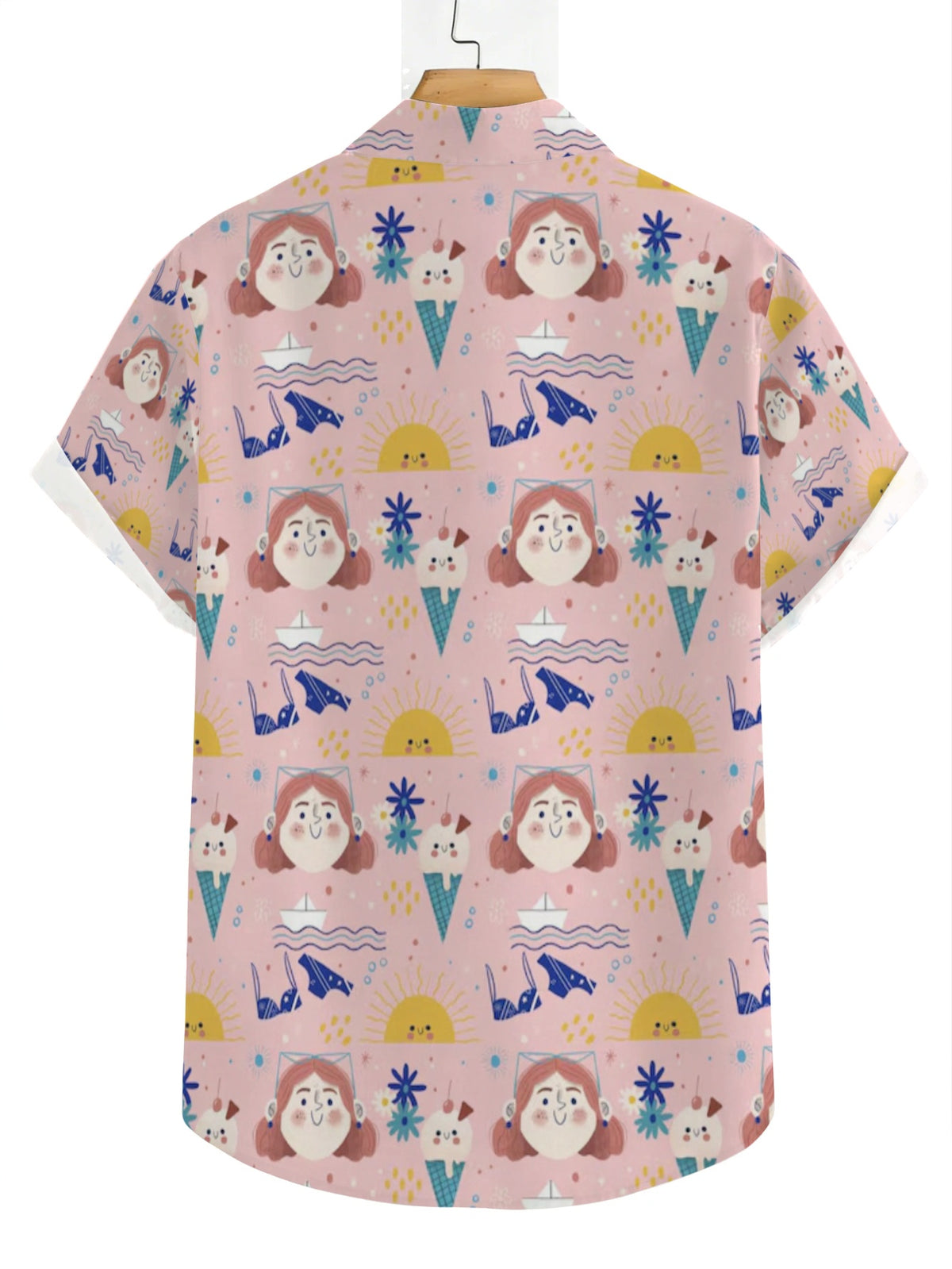 Men'S Cartoon Character Sun, Waves, And Ice Cream Print Hawaiian Shirt, Light Pink Sweet And Fun Summer Seaside Short-Sleeve Collared Shirt, Summer Vacation Couple'S Casual Aloha Shirt, Top Choice for Teenage Men'S Gifts