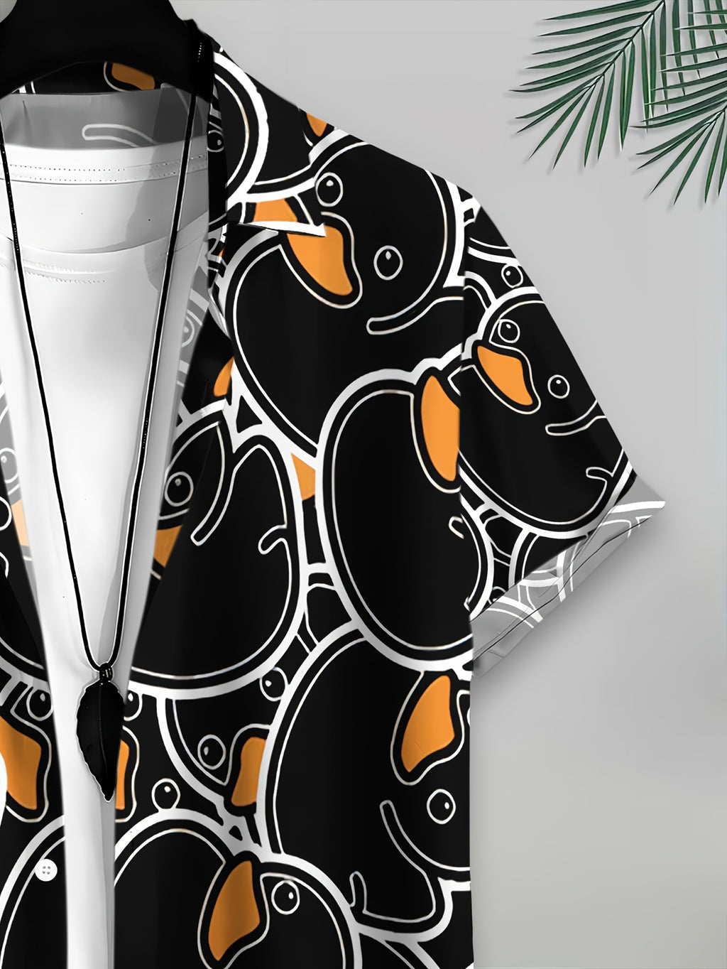 Men's Casual Shirt with Cartoon Duck Print, Summer Fun Pattern on Black Background with Orange Beak