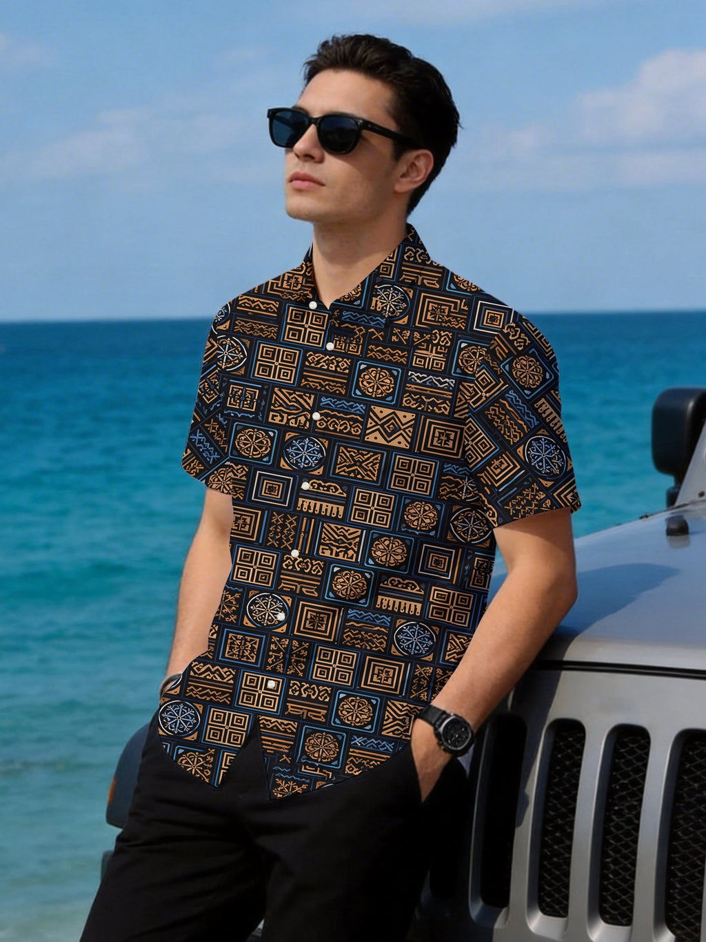 New Summer Short-Sleeve Shirt for Men, Hawaiian Style, Youthful Beach Casual Wear, Men's Top. Breathable Material, Casual Lapel Style, Easy-Care Fabric, Versatile Quick-Dry Top