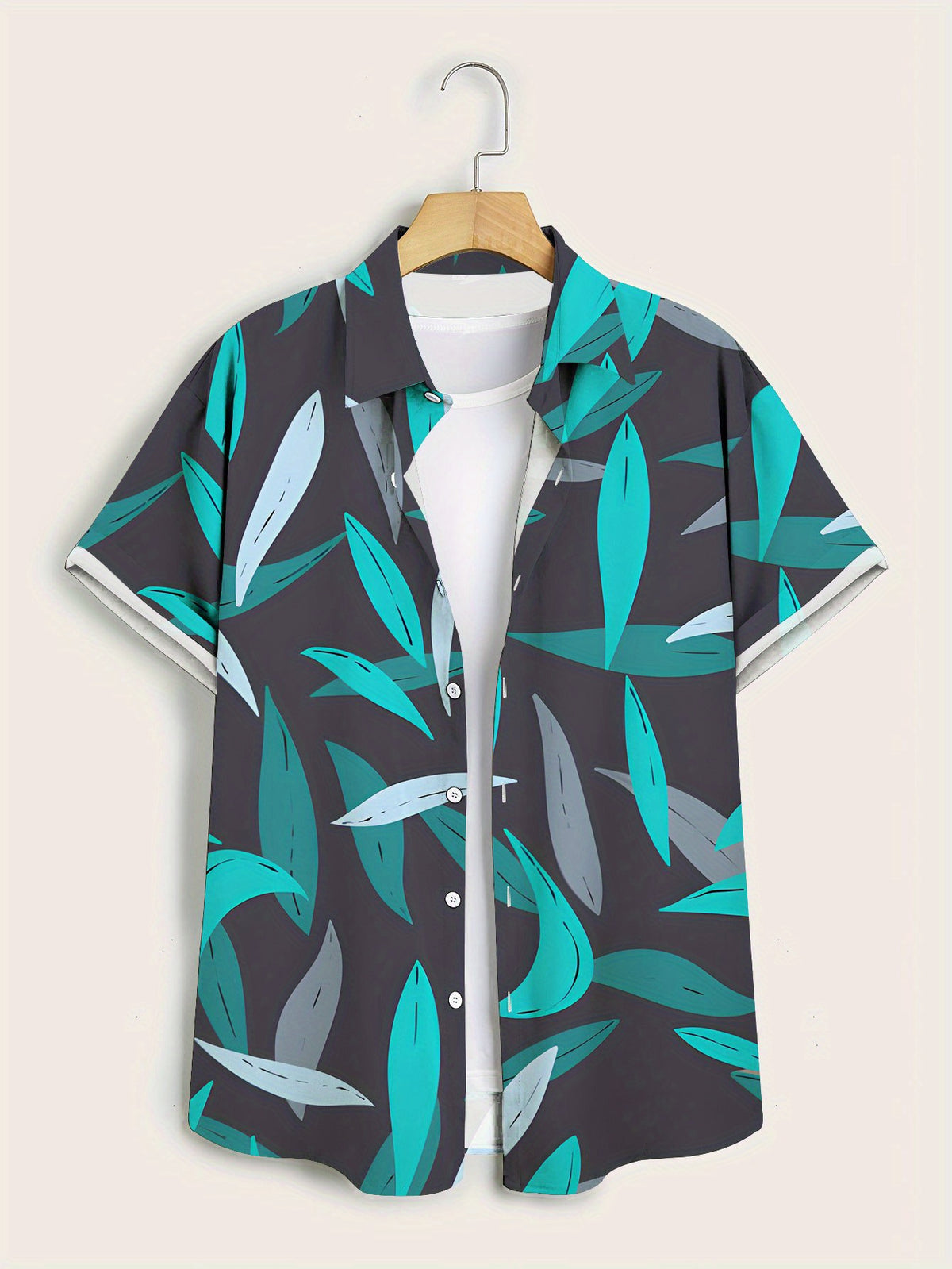 Men's Casual Short-sleeve Shirt with Leaf Pattern in Blue and Gray Color Scheme, Simple Style, Suitable for Beach and Summer Wear, Stylish and Versatile for Men's Casual Beach Outfits