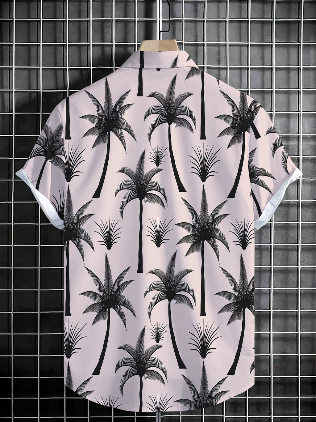 Men'S Summer Cool Print Button-Up Shirt, Easy Pink Background with Black Palm Trees And Greenery Pattern, Suitable for Summer Casual And Beach Vacation