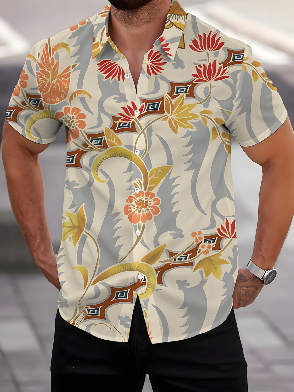 Men'S Short Sleeve Shirt Floral Bird Style, ' Print Short Sleeve Leaf Pattern, Cool Men'S Shirt Pastel Charm, Men'S Casual Short Sleeve Shirt Summer