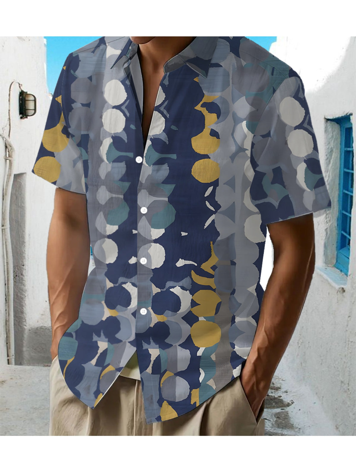 Men'S Casual Shirt with Anime Circular Prints - Short-Sleeve Button Design, Suitable for Summer Outdoor And Casual Wear, Perfect for Everyday Outfits