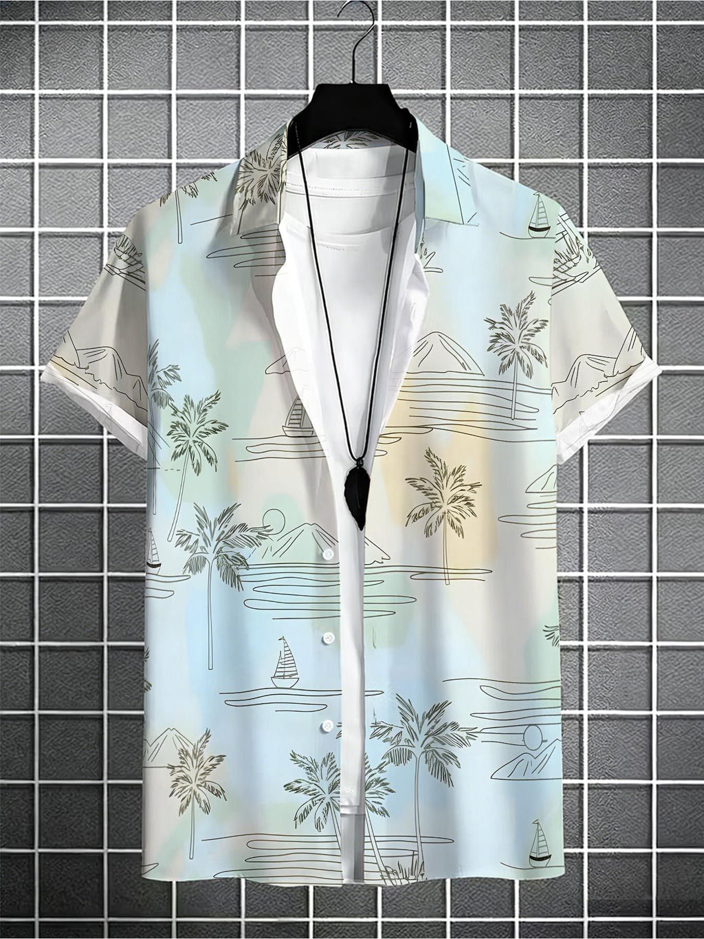 Men'S Fashionable Summer Shirt Bright Beach Print Lightweight Casual Top with Collar for Vacation