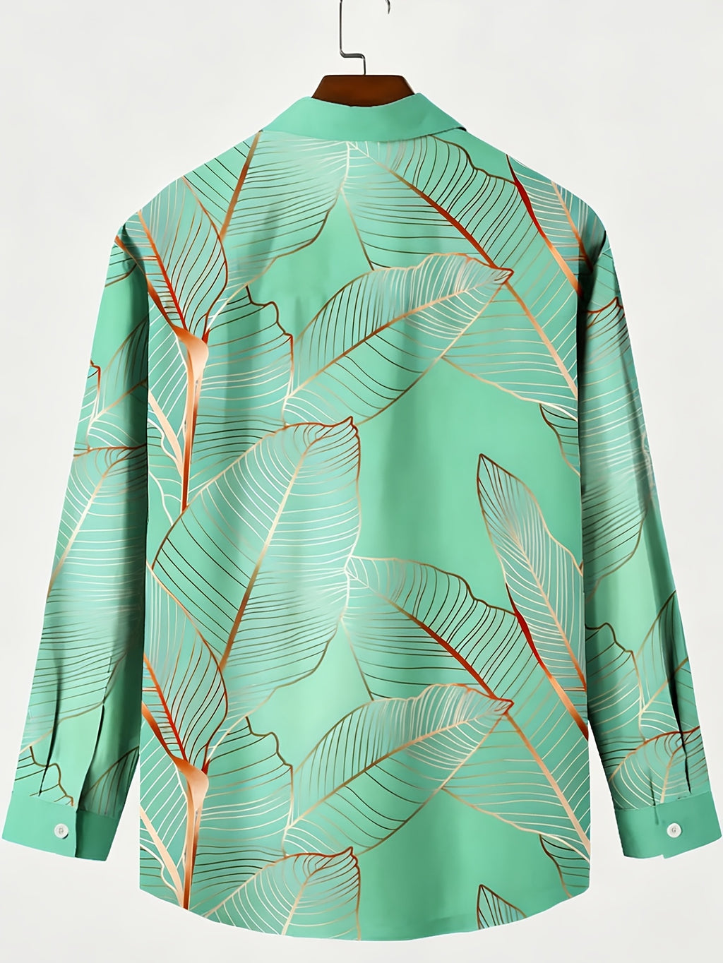 Hawaiian Botanical Leaf Gradient Print Men's Plus Size Button-Up Pocket Long Sleeve Shirt, PLUS SIZE