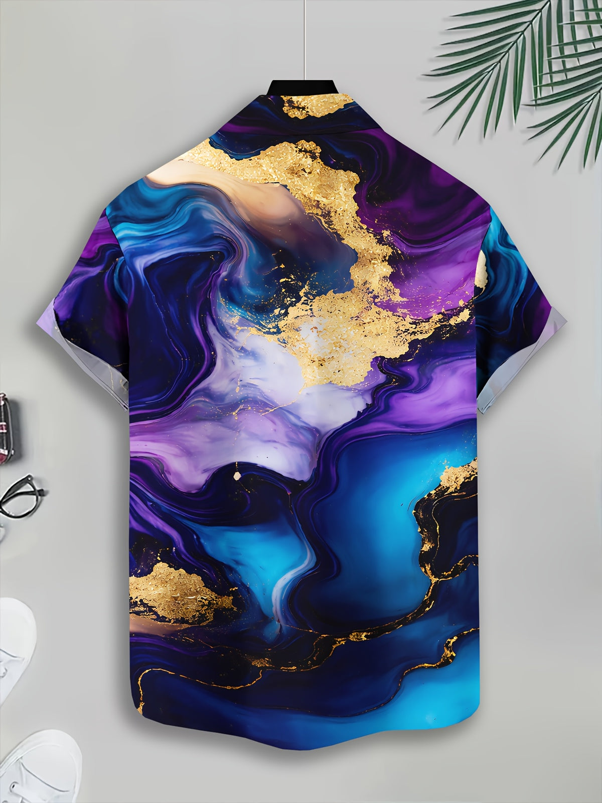 Men'S Casual Shirt, Abstract Art Design Print, Summer Golden And Purple Swirl Pattern