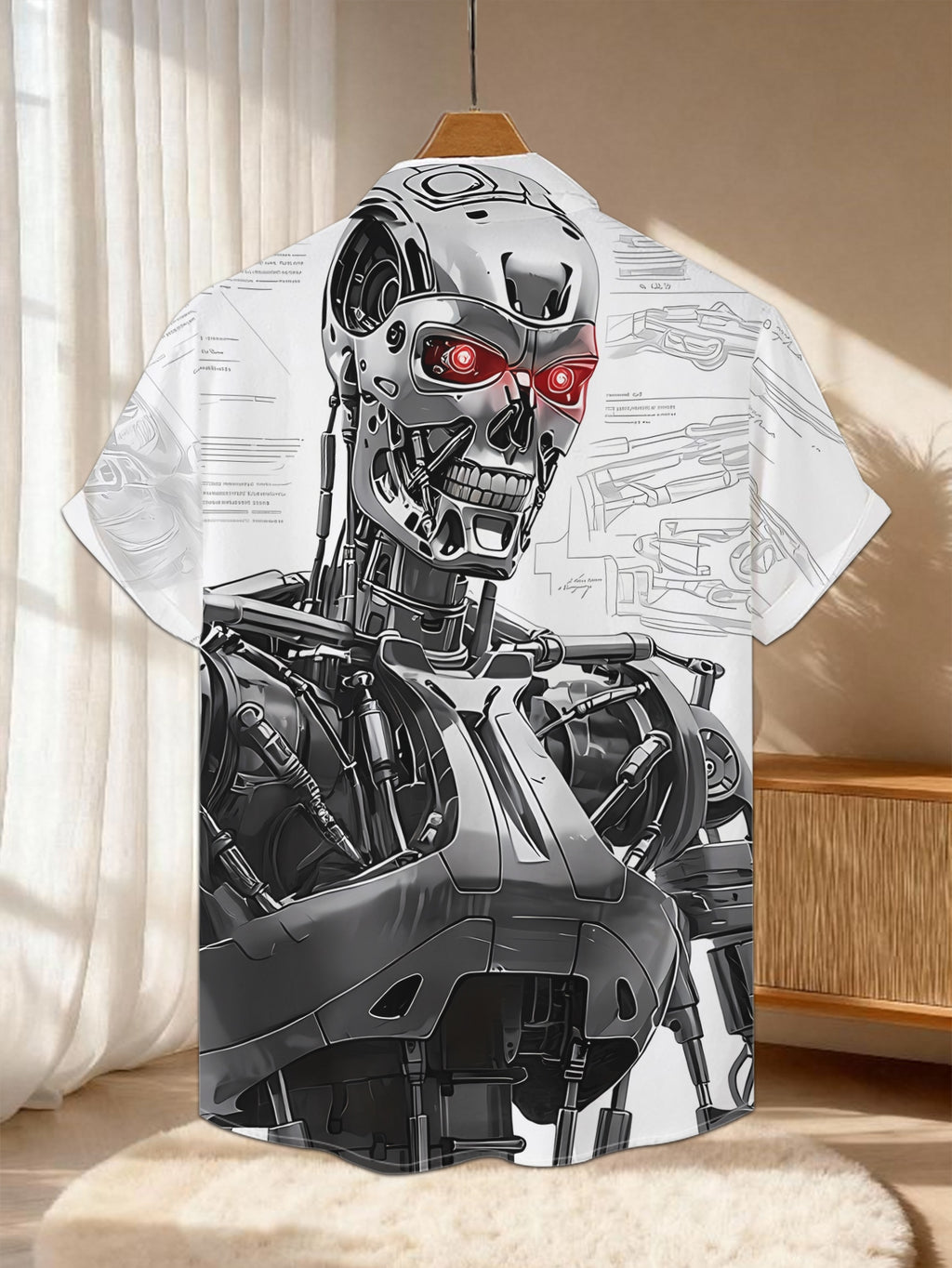New Men'S Casual Short-Sleeve Shirt Featuring a Red-Eyed Mechanical Skeleton Design, Complete with Design Sketches. Perfect for Holiday Parties, Commuting, And Versatile Casual Wear. Made from Machine-Washable Polyester Fabric with a Button Print