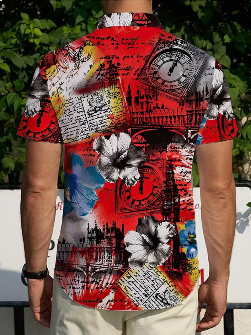 Vintage Style Tie-Dye Print, Fashionable Tropical Hawaiian Shirt for Summer - Short Sleeve, Casual Button-Up for Men, Lightweight for Summer Adventures