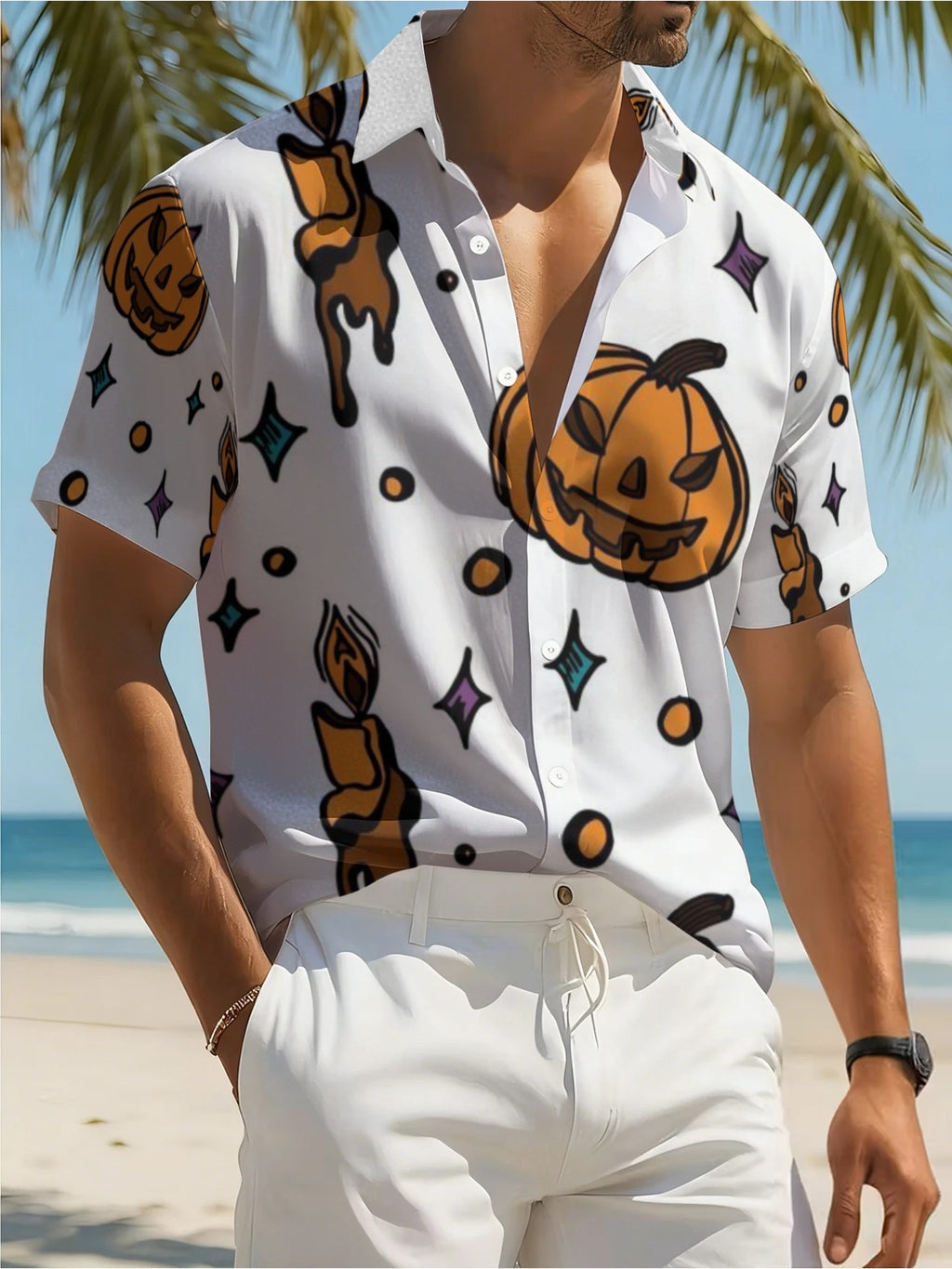 Men's Fun Cartoon Halloween Print Shirt, Festive Casual Streetwear Top, Suitable for Halloween Costume Parties, Surprise Birthday Gifts for Teenage Men