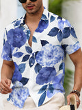Floral Pattern Men'S Casual Shirt, Printed Blue Flowers And Leaves Summer Vibrant Design