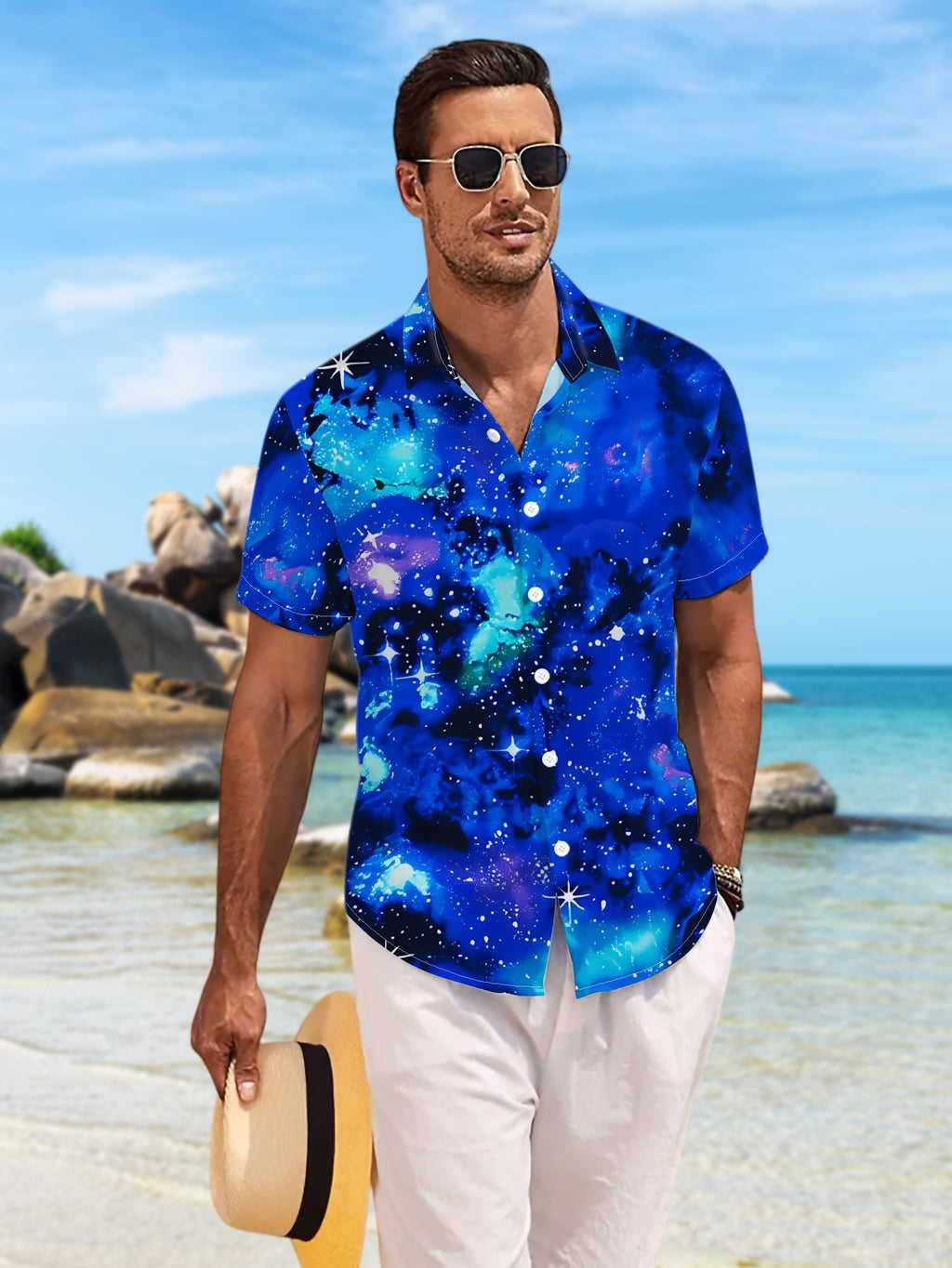 New Men'S Casual Short-Sleeve Shirt in Indigo with Swirling Starry Clouds, Adorned with Star-Like Sequins Across The Night Sky. A Versatile Top Suitable for Holiday Gatherings And Commuting