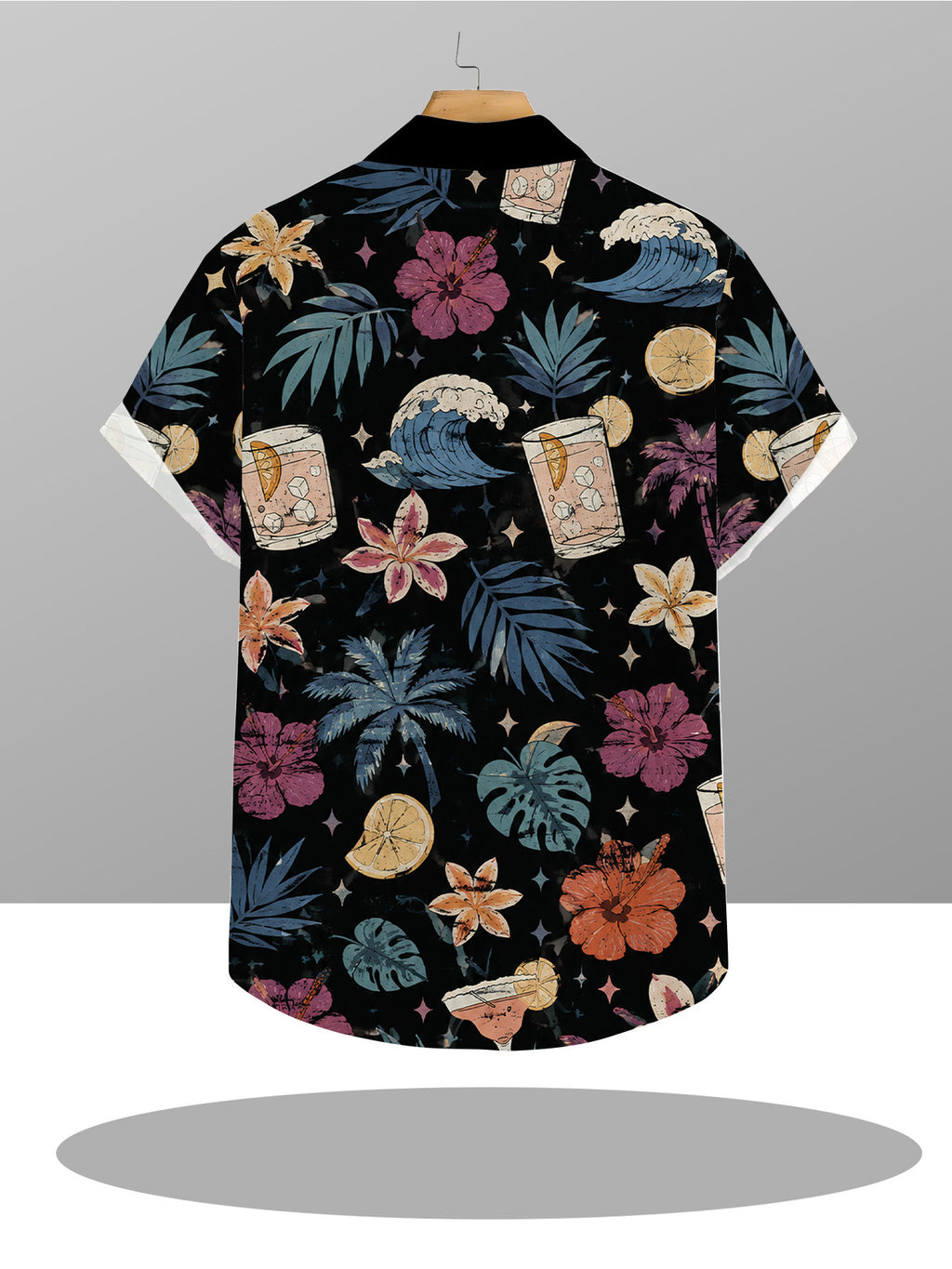 Men'S Sun-Themed Printed Button-Up Shirt, Featuring Palm Tree, Wave, And Floral Designs, Lightweight Casual Shirt, Suitable for Year-Round Wear