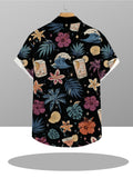 Men'S Sun-Themed Printed Button-Up Shirt, Featuring Palm Tree, Wave, And Floral Designs, Lightweight Casual Shirt, Suitable for Year-Round Wear