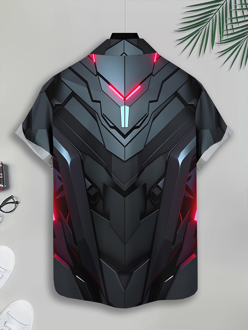 Futuristic Cyberpunk Men'S Casual Shirt, Print Black And Red Armor Design, Summer Neon Light Accents
