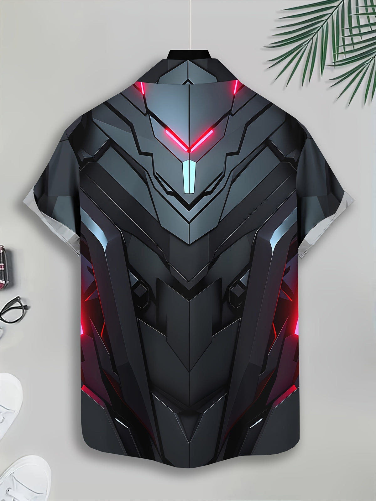 Futuristic Cyberpunk Men'S Casual Shirt, Print Black And Red Armor Design, Summer Neon Light Accents