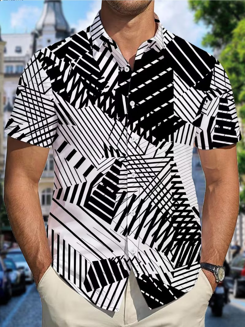 Hawaiian Black and White Line Print Men's Casual Shirt - Short Sleeve Button-Up Design, Vibrant Colors, Summer Outdoor and Casual Wear, Machine Washable