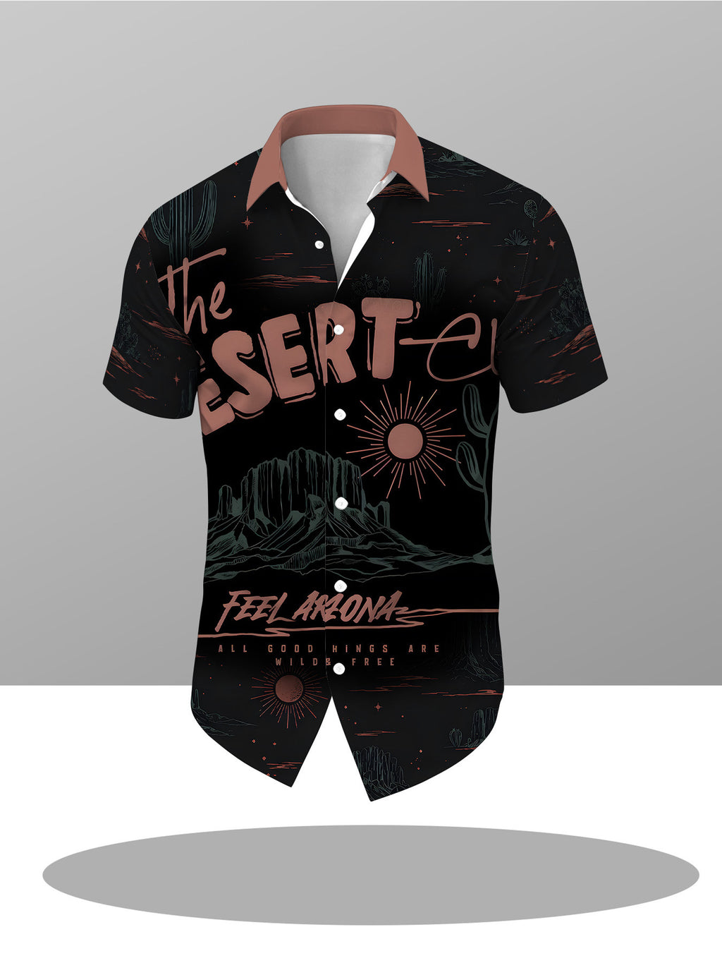 Men'S Trendy Short-Sleeve Shirt, Black Base with Desert Cactus Print, Versatile Casual Top