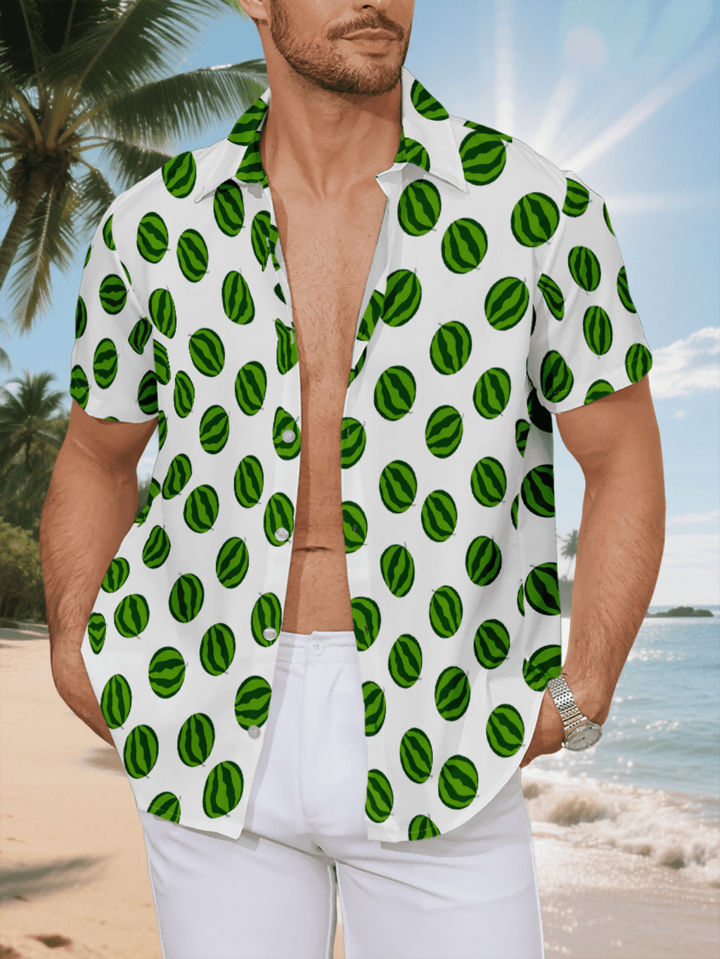 New Men's Casual Short-Sleeve Shirt with All-Over Green Watermelon Pattern on White Background, Versatile for Holiday Parties and Commuting. Made of Polyester Fiber, Machine Washable, Lightweight for Summer. Suitable for Casual Wear