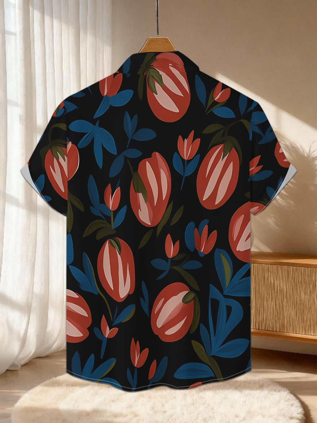 New Men's Casual Short-Sleeve Shirt with Red Berries and Blue Leaves on Black Background, Vintage Style All-Over Print, Versatile Top for Holiday Parties, Commuting, and Casual Wear, Machine-Washable Fabric, Button-Up Printed Shirt