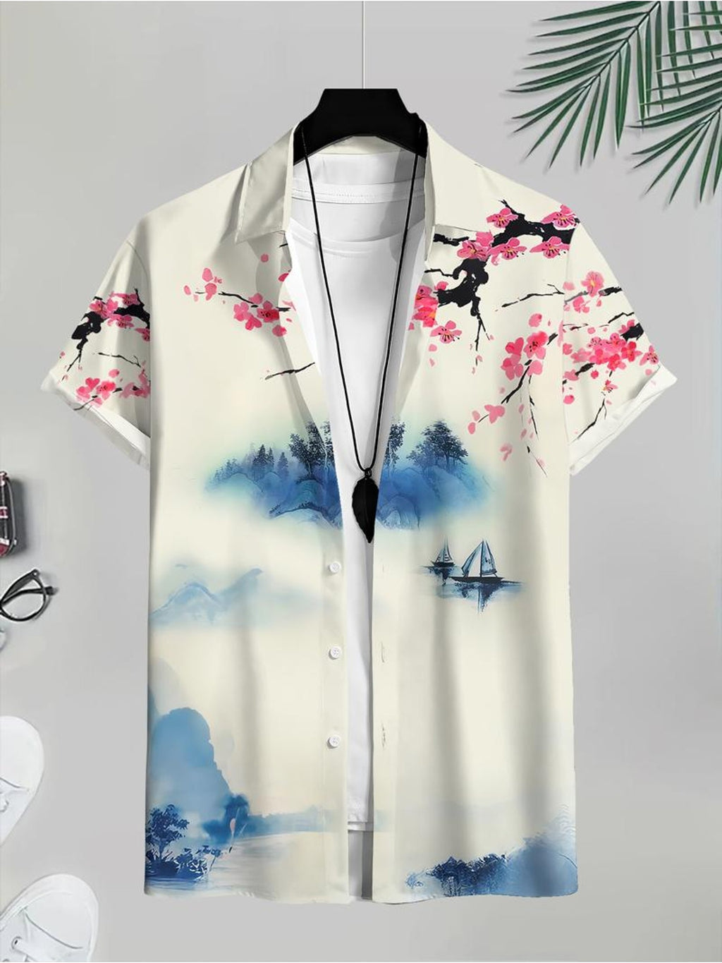 Floral And Landscape Print Men'S Casual Shirt, Cherry Blossom And Mountain Scene Beach Vacation Summer Wear
