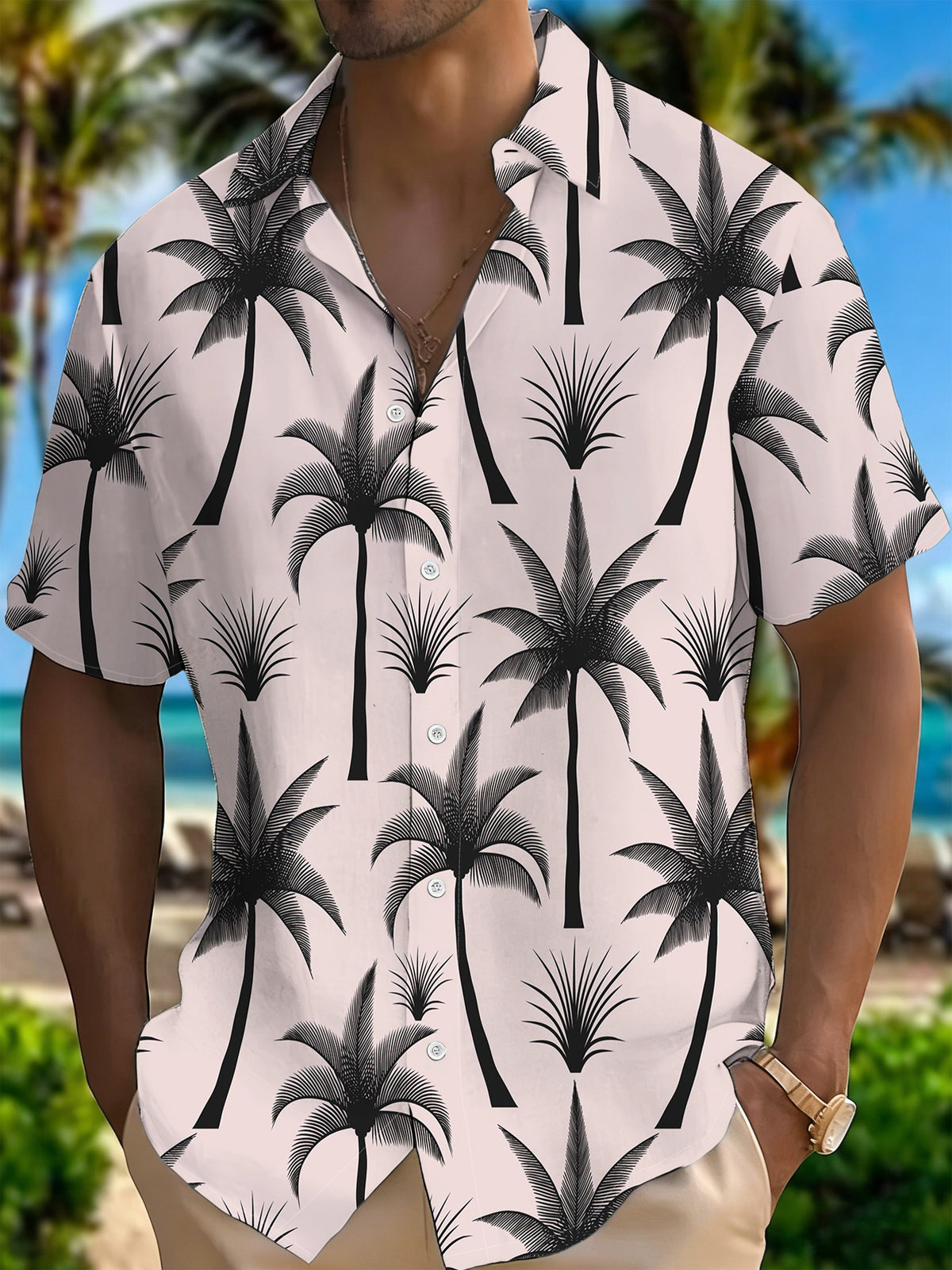 Men'S Summer Cool Print Button-Up Shirt, Easy Pink Background with Black Palm Trees And Greenery Pattern, Suitable for Summer Casual And Beach Vacation