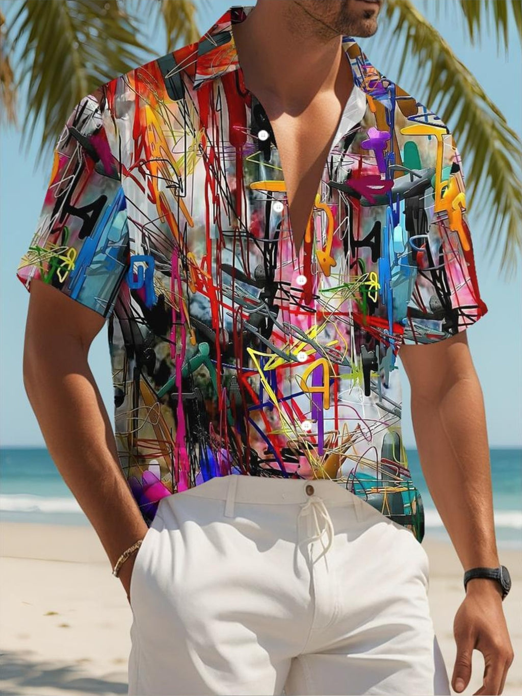 Colorful Abstract Art Men'S Casual Shirt Summer Beach Wear Vibrant Pattern Tropical Holiday Style