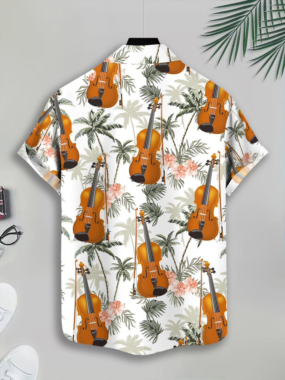 Hawaiian Style Men'S Casual Shirt Summer Printed White Violin And Palm Tree Pattern Fashionable Casual Short-Sleeve Shirt